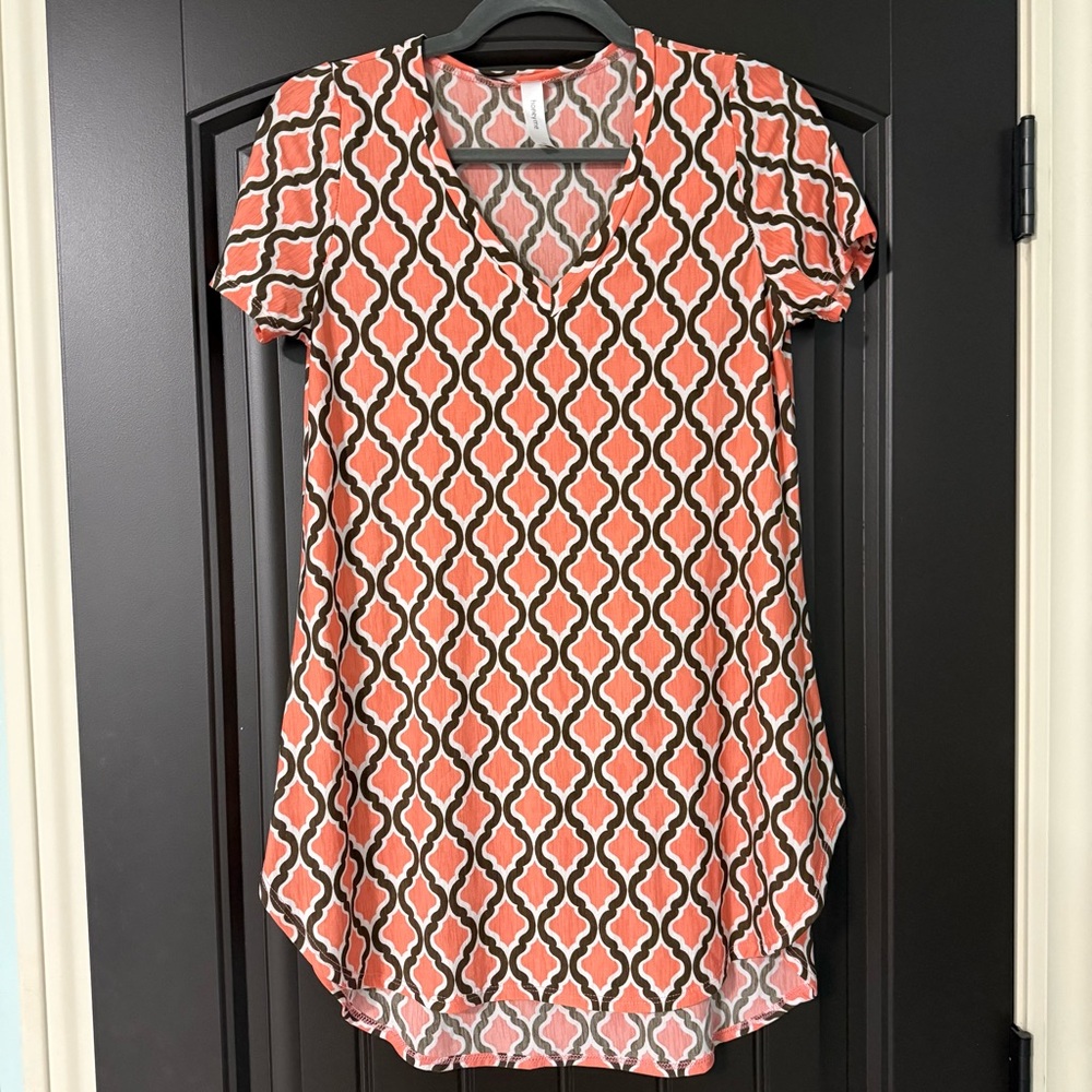 Peach & Brown Patterned Short Sleeve Tunic Top | Size S - runs oversized